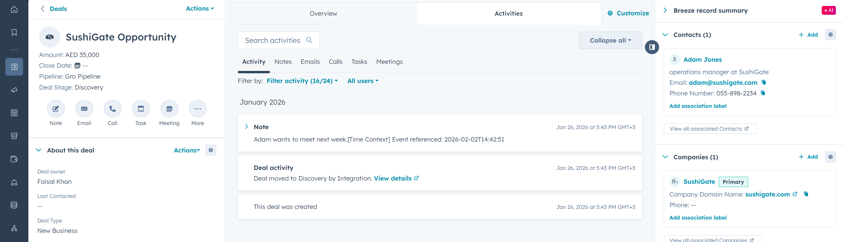 CRM showing synced deal with AED 35,000